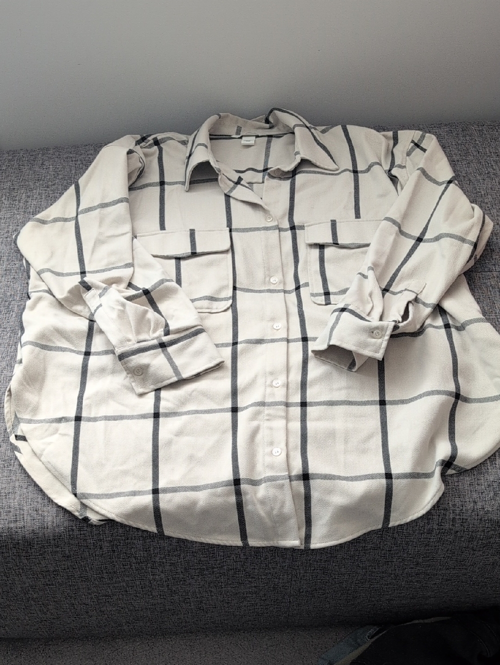 H&M Cream Button-Down Shirt with Black Windowpane Plaid